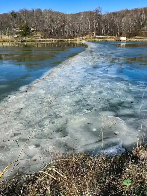 A photograph of a partially frozen lake with a clear line of ice separating open water from a frozen section, surrounded by…