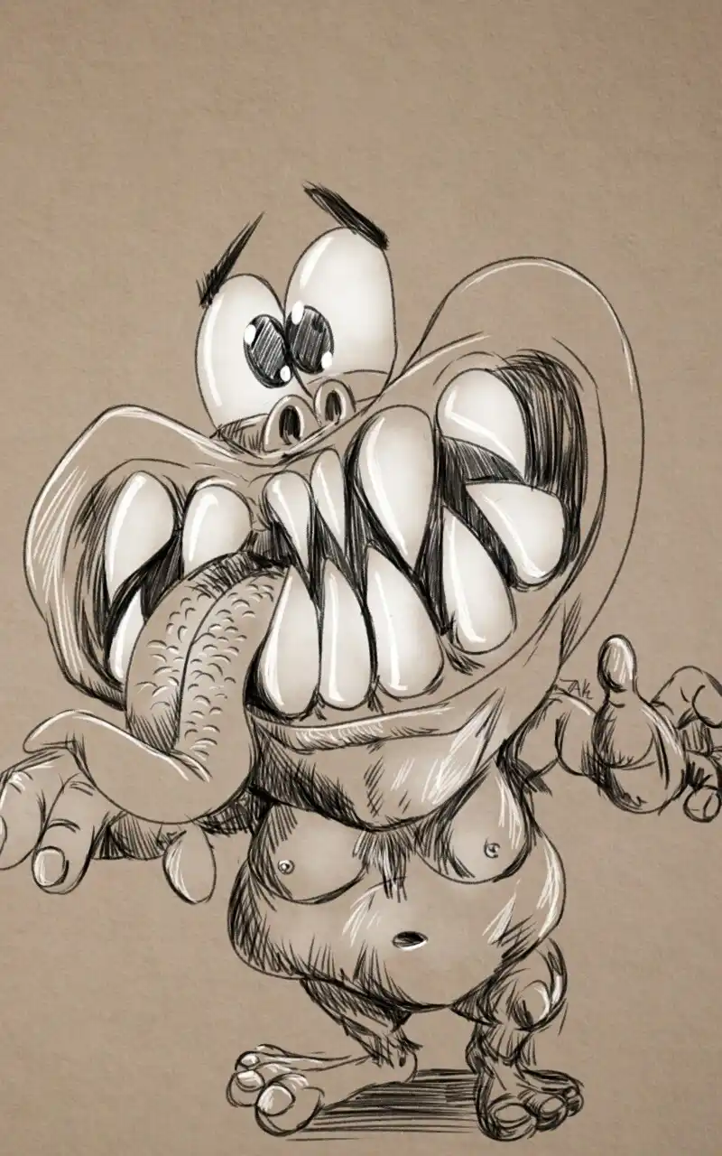 A cartoonish, exaggerated drawing of a muscular, bare-chested humanoid creature with large, bulging eyes and a wide, toothy…