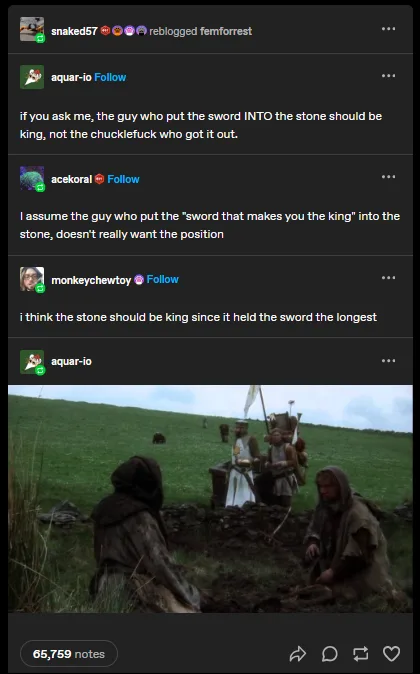 A screenshot from the 1981 film 'Excalibur' shows a scene with three medieval figures in a grassy field, one kneeling near a…