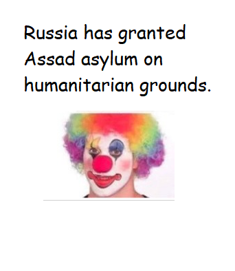 A photo of a clown with a rainbow afro, red nose, and painted face, overlaid with the text 'Russia has granted Assad asylum…