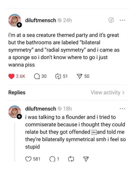A screenshot of a Reddit post by user 'diluftmensch' showing two comments. The first describes confusion at a sea creature…