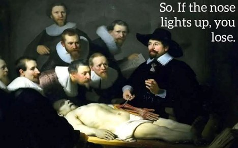 A classical painting depicts a group of men in 17th-century attire gathered around a prone, nude figure on a table. One man…