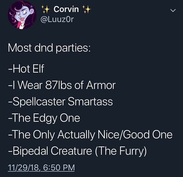 A screenshot of a tweet by user Corvin (@Luuz0r) listing common character archetypes found in Dungeons & Dragons parties…