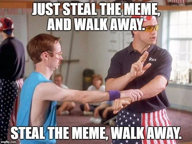 A man in a blue tank top and glasses is in a martial arts stance, facing another man in a black polo shirt with 'Rex' on it…