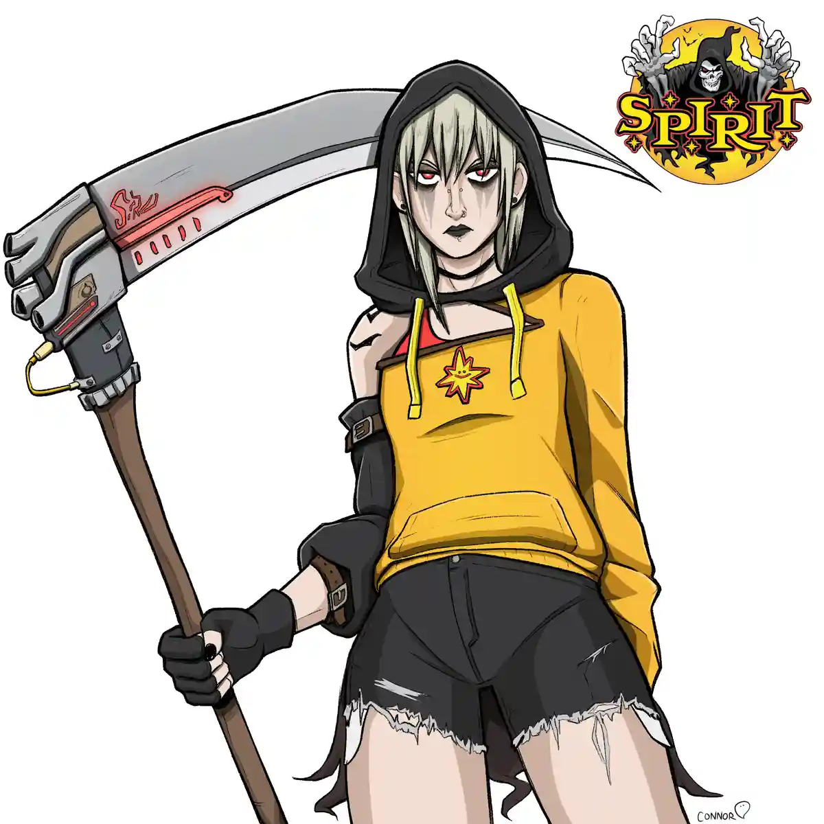 An anime-style illustration of a young woman with pale skin, red eyes, and short silver hair, wearing a yellow hoodie with a…