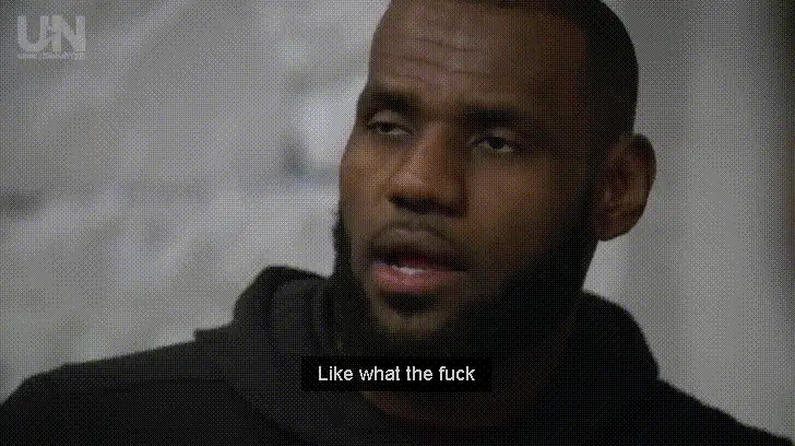 The image displays six panels of basketball player LeBron James, each showing him with a progressively more shocked or…