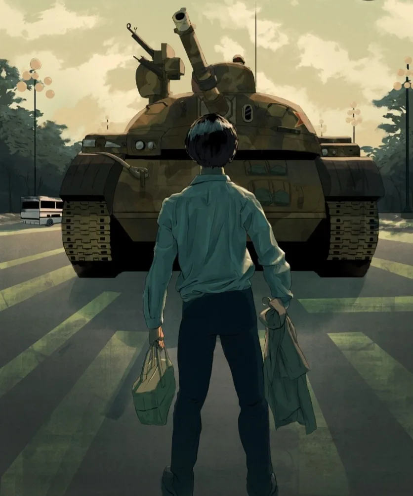 A person viewed from behind stands on a crosswalk holding grocery bags, facing a large military tank that is blocking their…