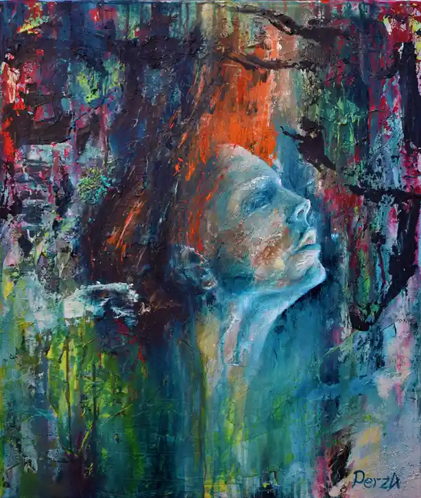 An abstract painting depicts a woman's face in profile, her eyes closed and head tilted upward, surrounded by a vibrant…