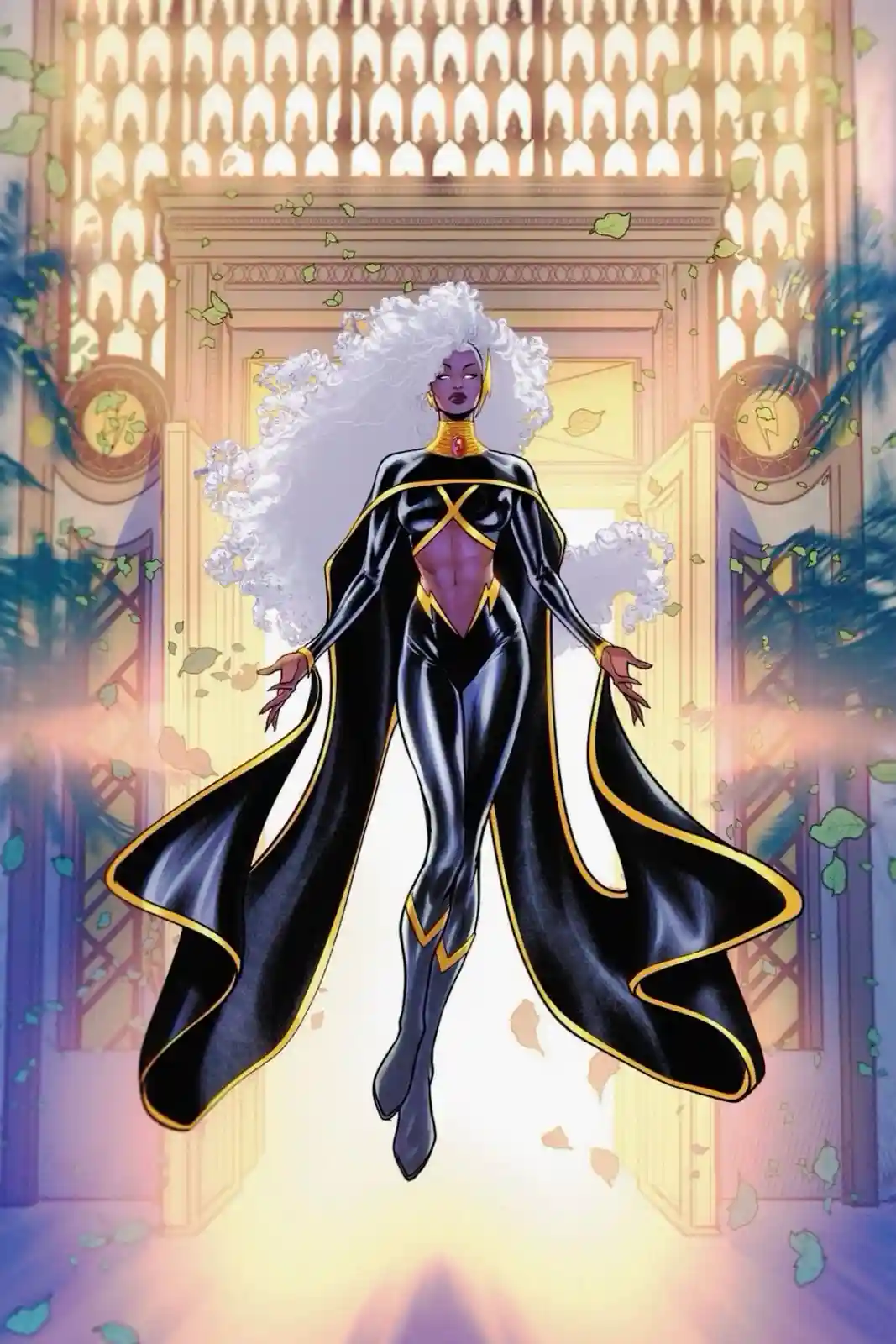 A woman with a large white afro and purple skin floats in front of an ornate doorway, wearing a black and gold superhero…