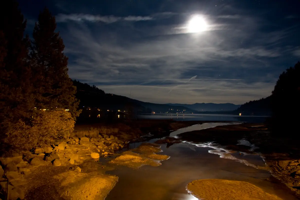 A serene night scene of a lake under a bright full moon, with trees, rocks, and distant lights along the shore. The overlaid…