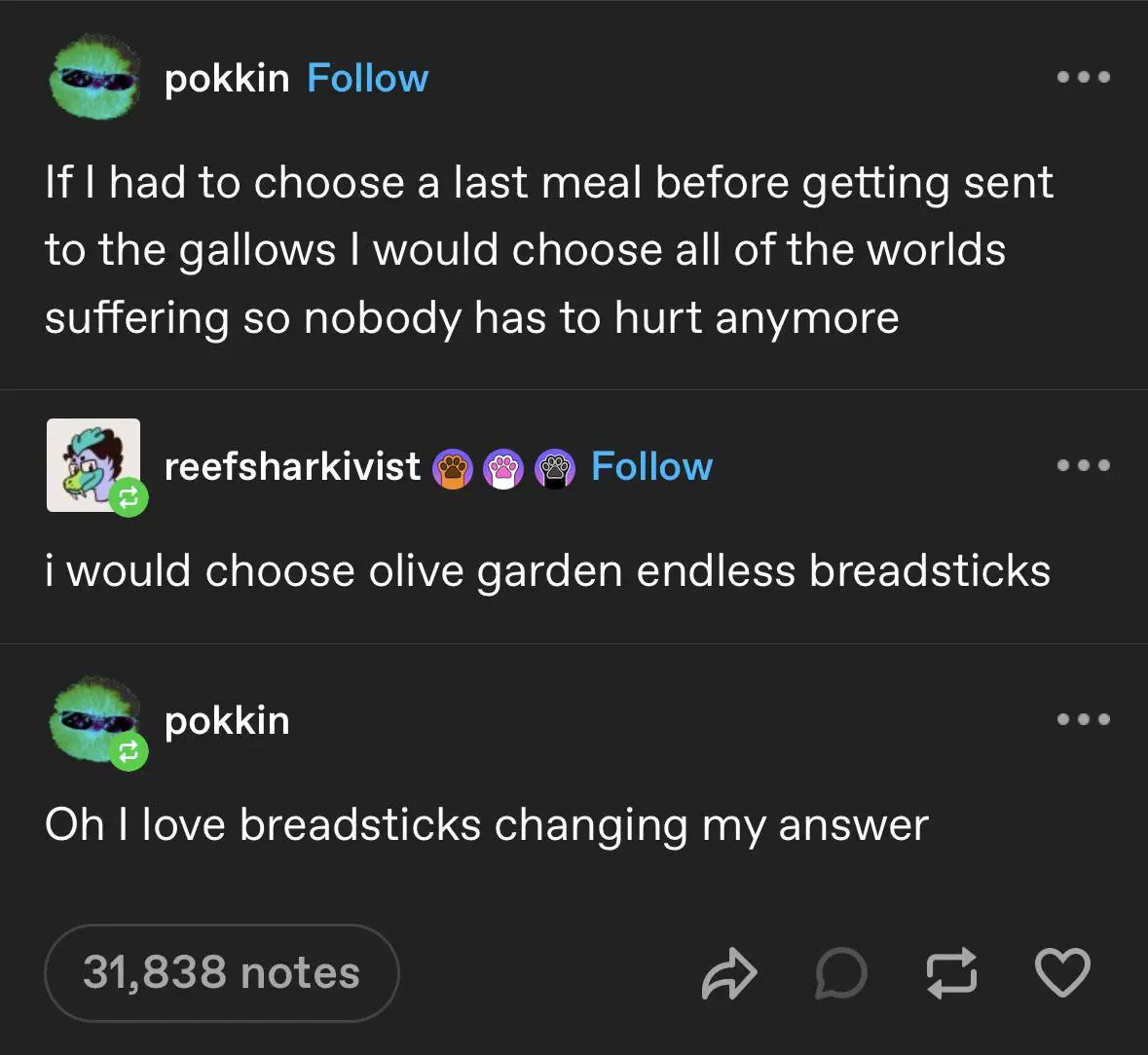 A screenshot of a social media thread shows user 'pokkin' posting a philosophical last meal choice involving ending all…