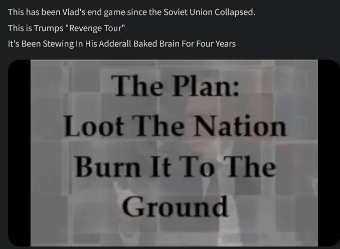 A grayscale image of a person in a suit, overlaid with bold black text reading 'The Plan: Loot The Nation Burn It To The…