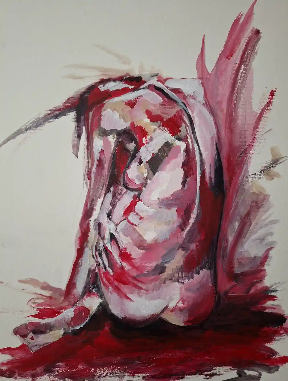 An abstract, emotionally charged painting depicts a distorted, crying human face rendered in bold reds, pinks, and whites…