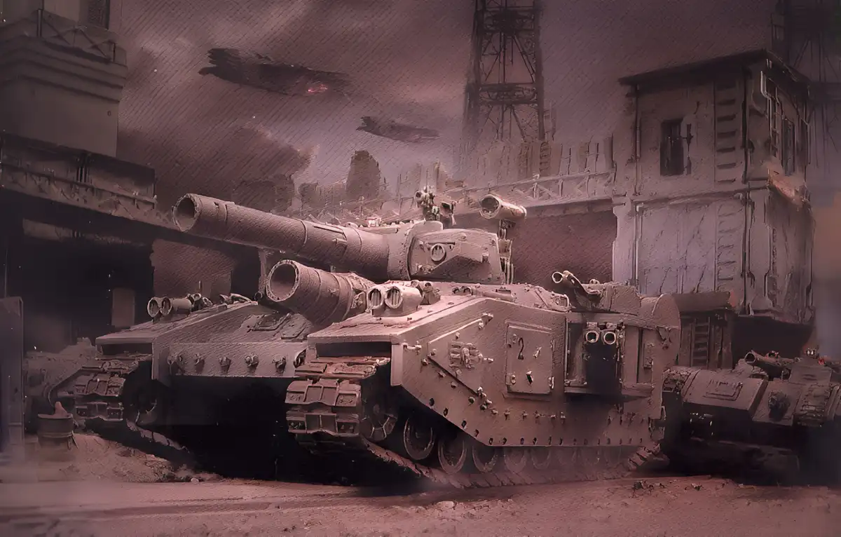 A heavily damaged, rusted tank sits in a ruined urban environment with broken buildings and debris, overlaid with the text…