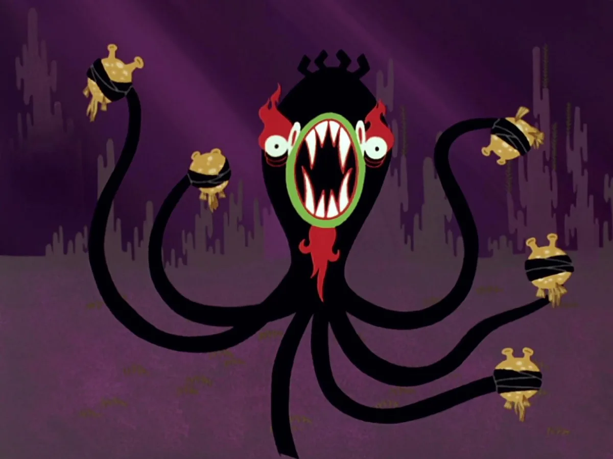 A cartoonish black monster with multiple tentacles, each ending in a small golden creature wrapped in black tape, stands…