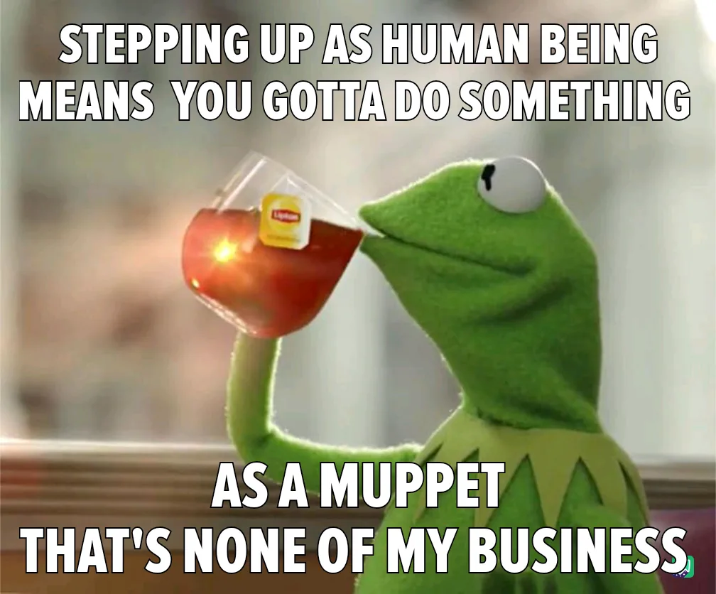 A green frog puppet, Kermit the Frog, is shown sipping tea from a glass mug with a Lipton tea bag visible. The image has…