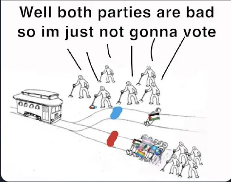 A black-and-white cartoon depicts two groups of people using brooms to push a trolley car along tracks. One group pushes a…