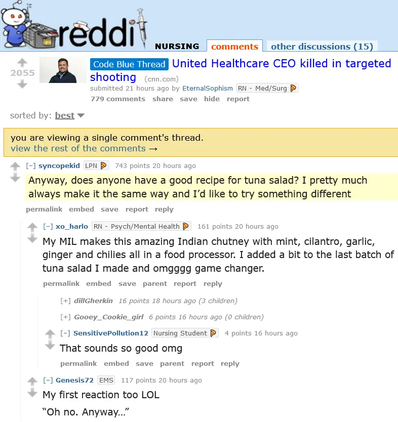 A screenshot of a Reddit thread in the 'Nursing' subreddit where a user asks for a tuna salad recipe. Another user replies…