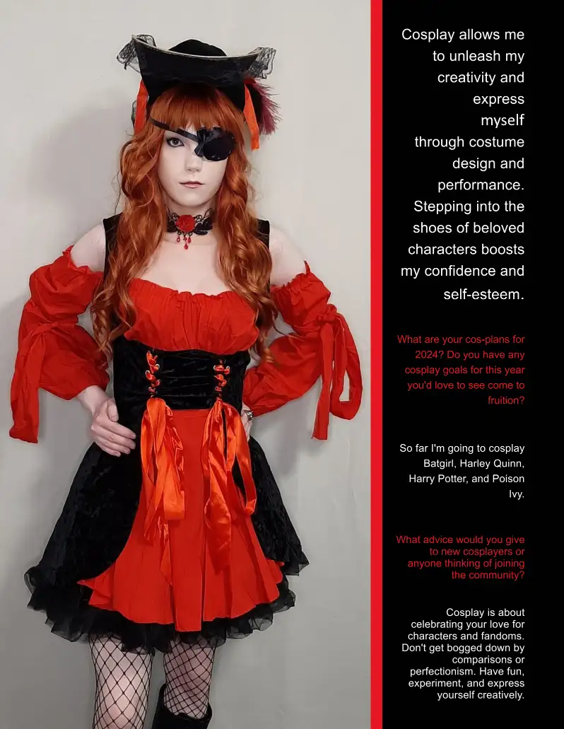 A woman with red hair and an eyepatch poses in a red and black pirate-style cosplay outfit with puffy sleeves, a corset, and…