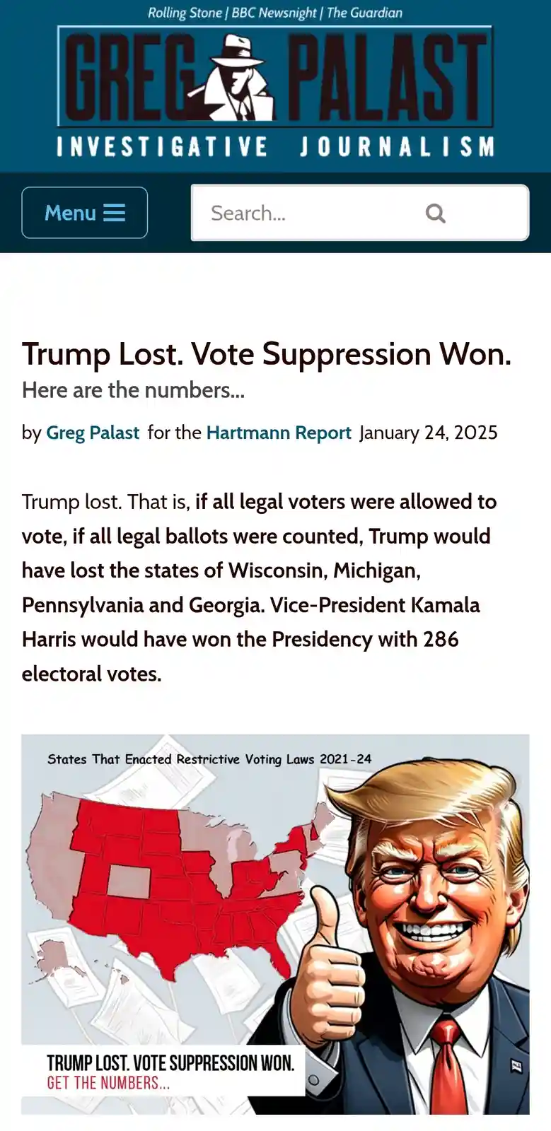 An image mimicking a Greg Palast investigative journalism article, featuring a cartoon of Donald Trump giving a thumbs-up…
