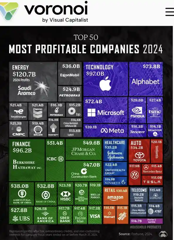 A Voronoi diagram infographic from Visual Capitalist showing the top 50 most profitable companies in 2024, categorized by…