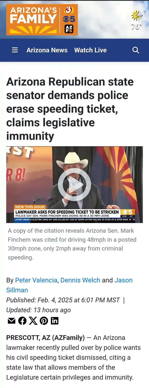 A screenshot of an Arizona Family news article about state senator Mark Finchem, who was cited for speeding 48 mph in a 30…