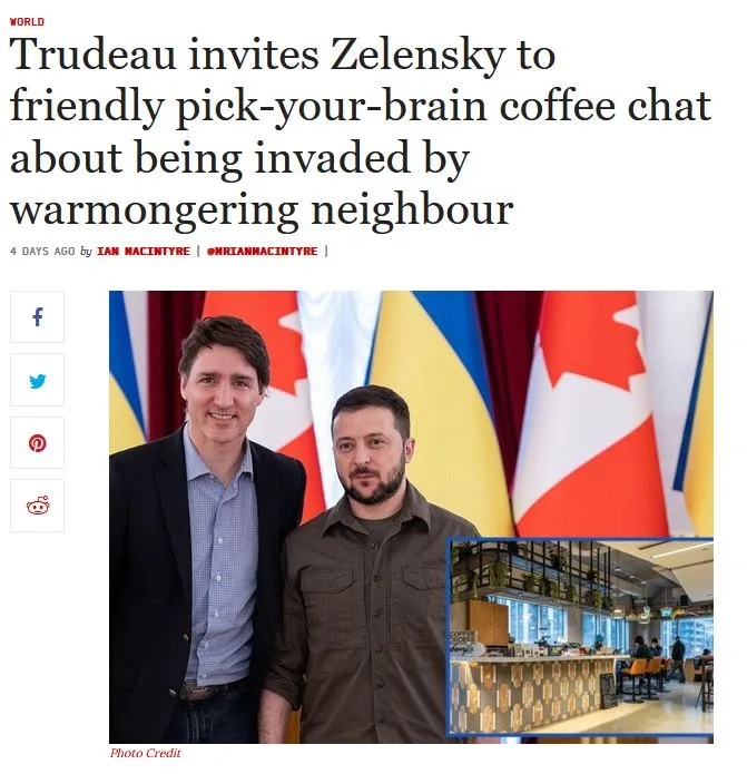 A news article screenshot shows Canadian Prime Minister Justin Trudeau and Ukrainian President Volodymyr Zelensky standing…