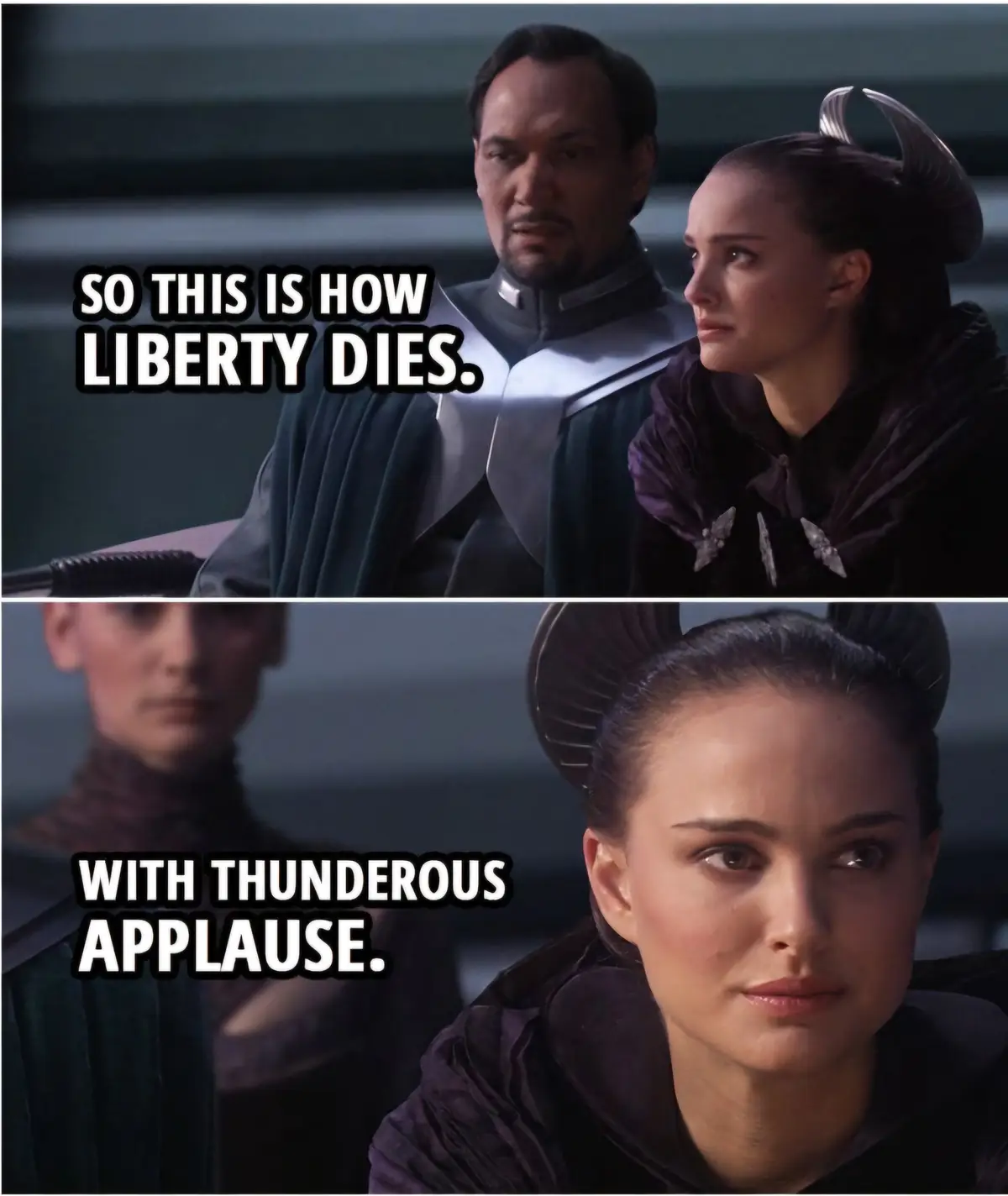 The meme features two panels from the Star Wars prequel film 'Star Wars: Episode II - Attack of the Clones'. The top panel…