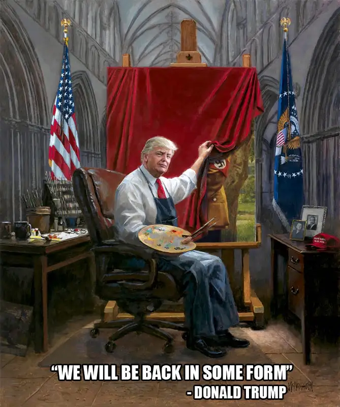 A painting depicts Donald Trump in an artist's studio, pulling back a red curtain to reveal a Nazi uniform beneath. He sits…
