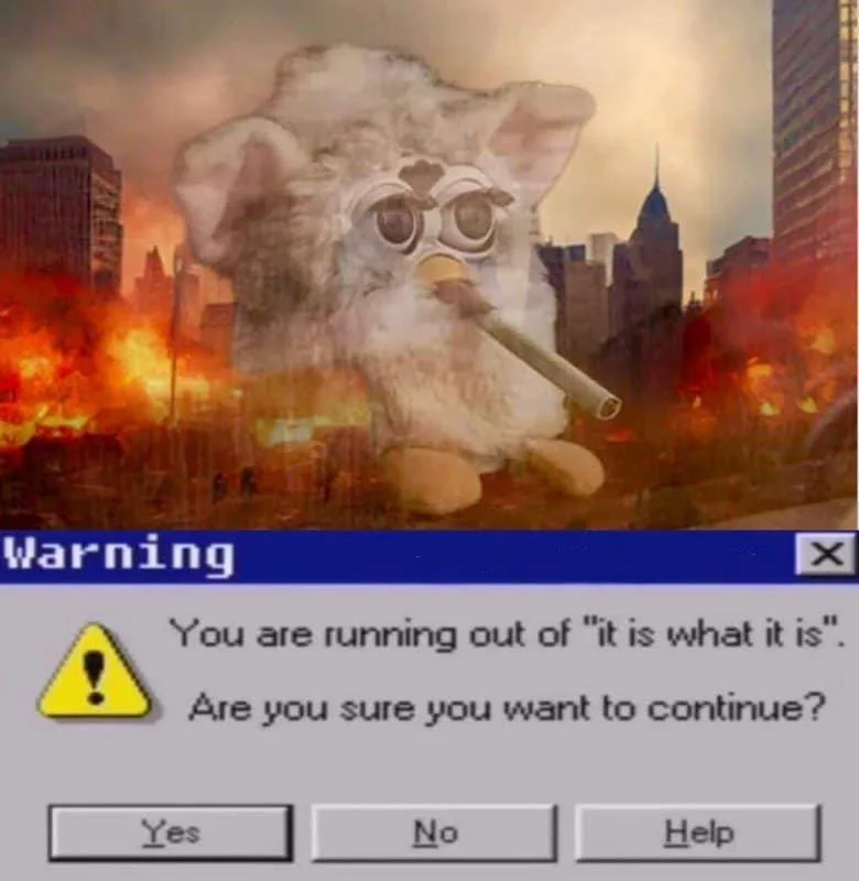 A giant, smoky Furby toy looms over a burning cityscape, overlaid with a Windows-style warning dialog box that reads…
