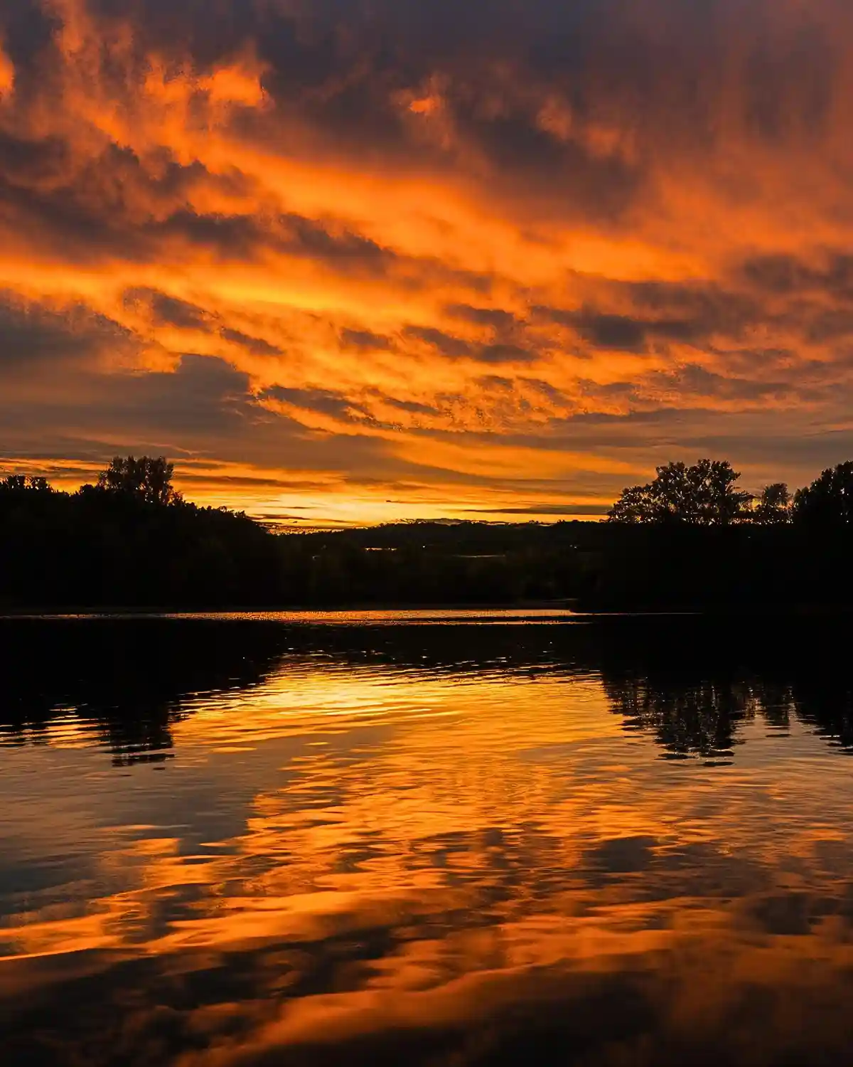 A serene sunset over a calm body of water, with fiery orange and red clouds reflecting in the rippling surface. Silhouetted…