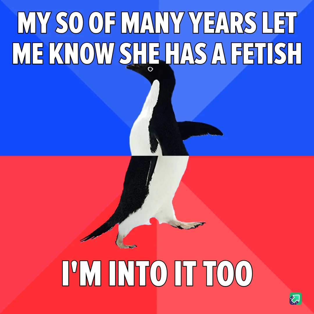 A black-and-white penguin stands centered against a split background of blue and red, with bold white text at the top…
