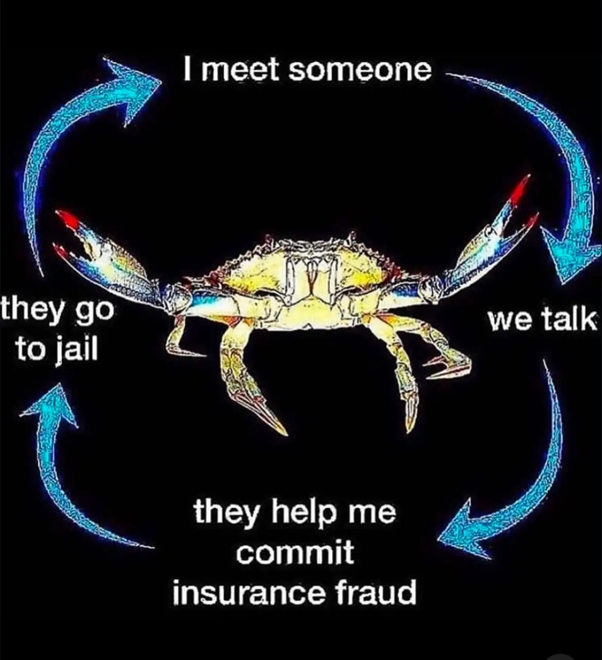 A blue crab is centered on a black background with four glowing blue arrows forming a circular flowchart. Text labels…