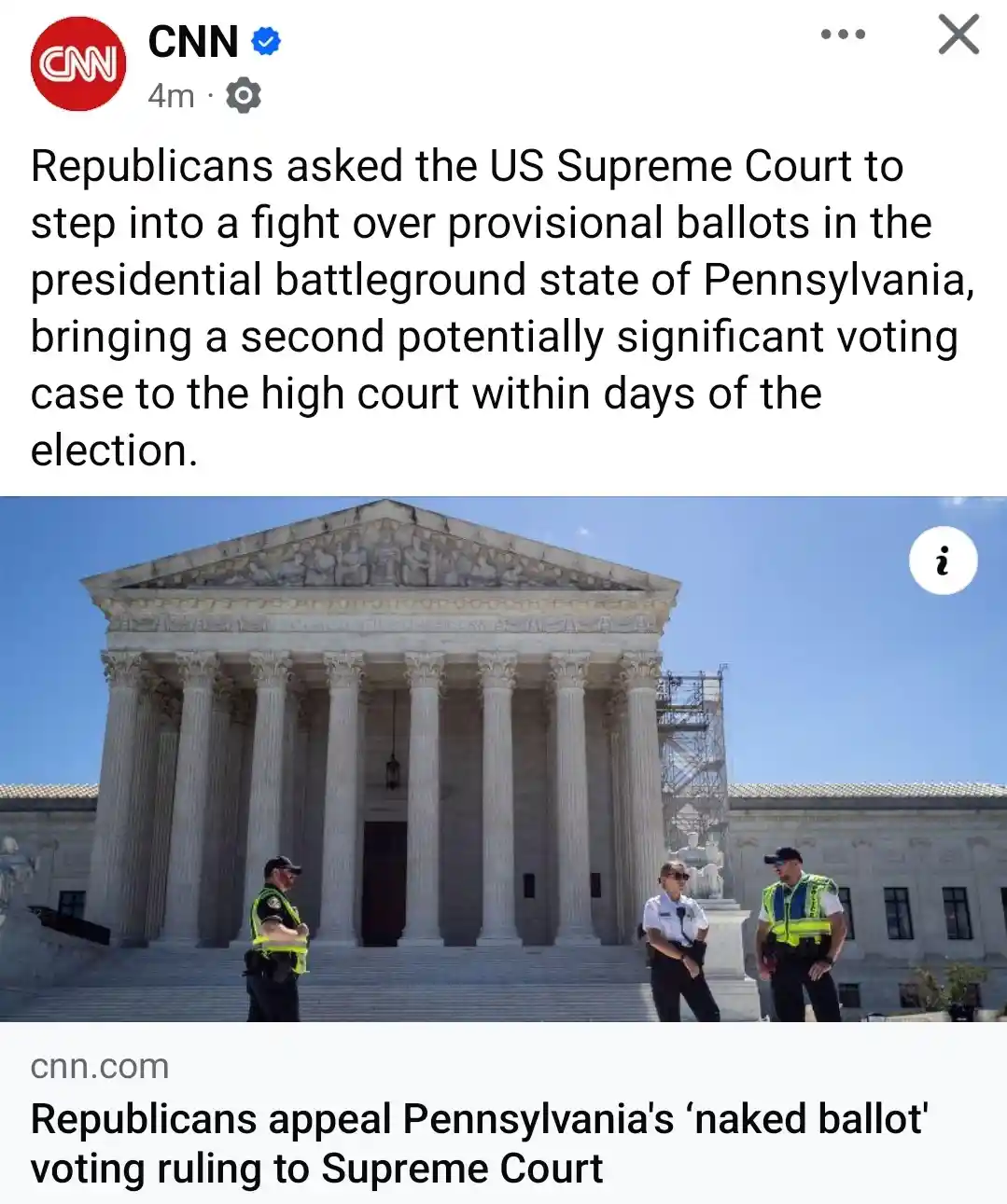 A screenshot of a CNN news article shows the US Supreme Court building with three police officers standing in front. The…