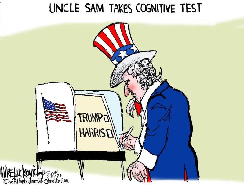 A cartoon depicts Uncle Sam, wearing his iconic top hat and blue coat, leaning over a voting booth with an American flag. He…
