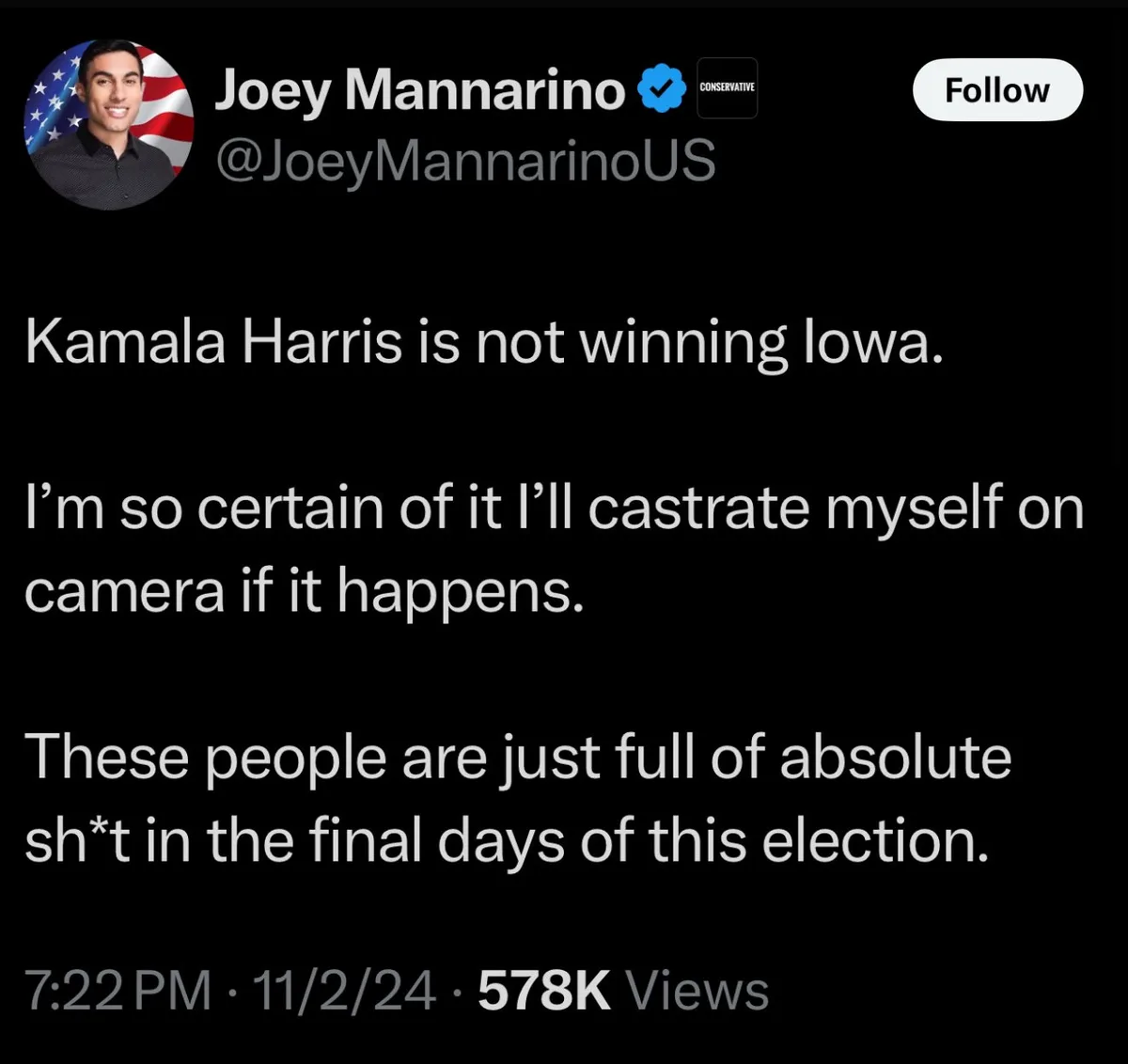 A screenshot of a tweet by Joey Mannarino, a verified conservative Twitter account, which reads: 'Kamala Harris is not…