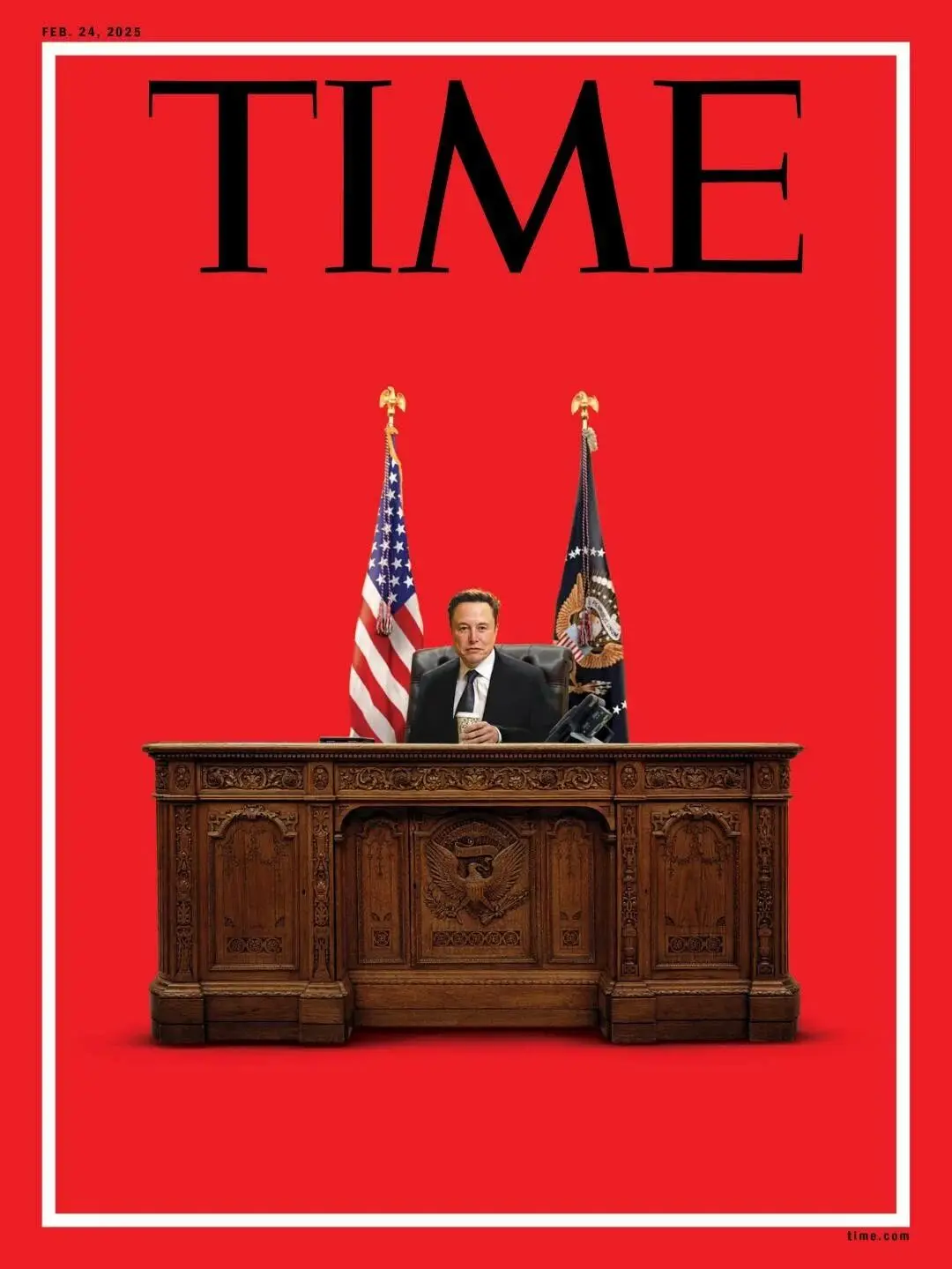 a digitally altered image mimicking a TIME magazine cover dated feb. 24, 2025, featuring elon musk seated at a presidential…