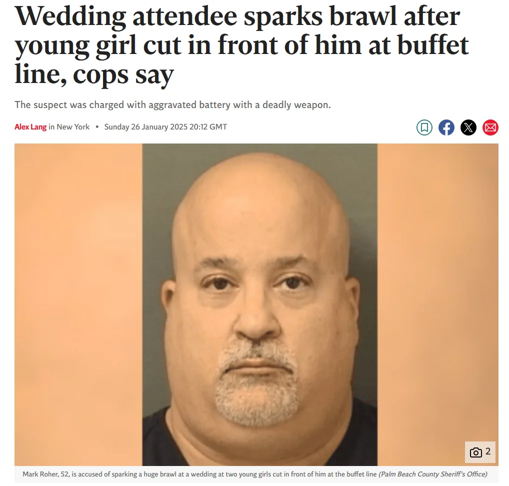 A mugshot of a bald man with a goatee is overlaid with a news headline that reads 'Wedding attendee sparks brawl after young…