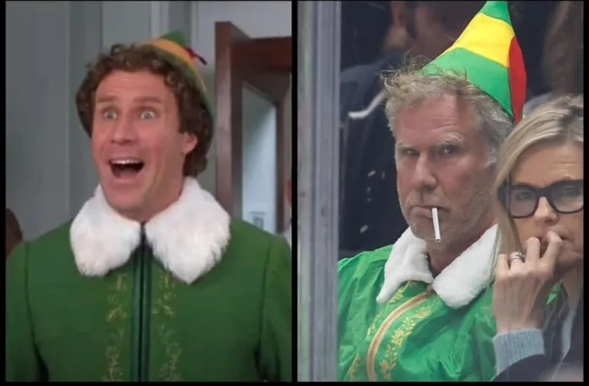 The image is a split-screen meme. On the left, actor Will Ferrell as the character Buddy the Elf from the movie 'Elf,'…
