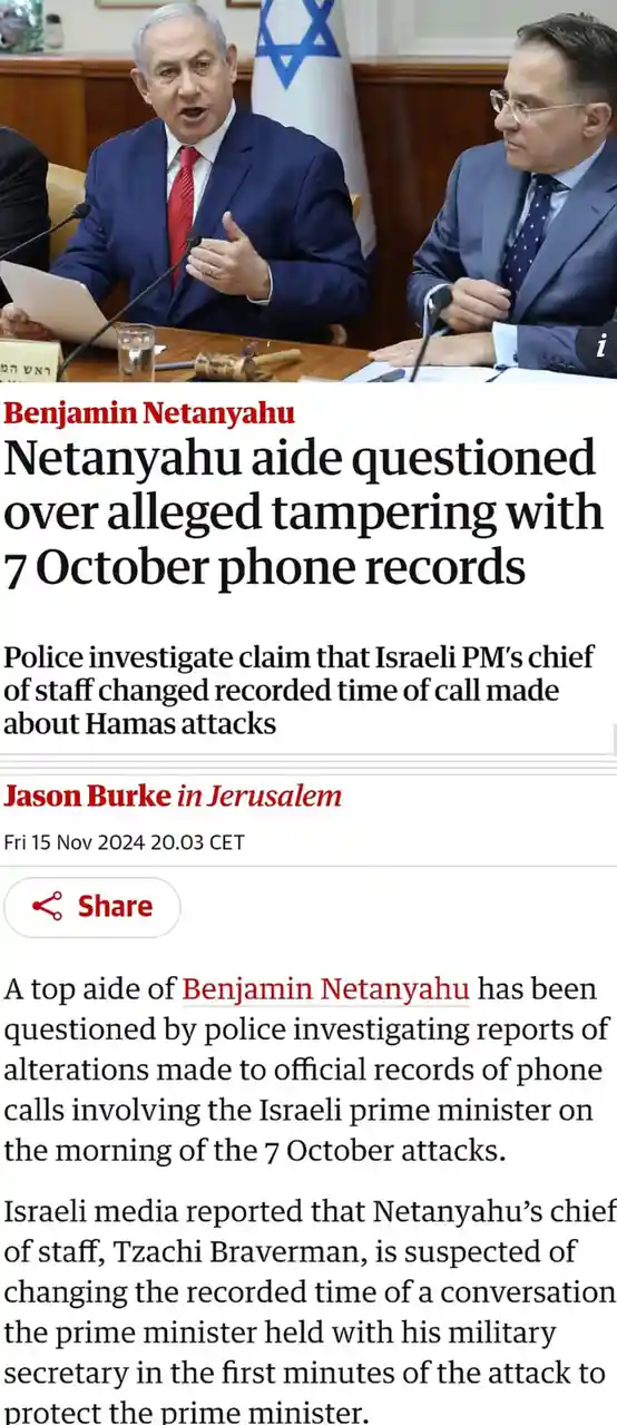 A screenshot of a news article with a photo of Benjamin Netanyahu speaking at a table with an Israeli flag behind him, and…