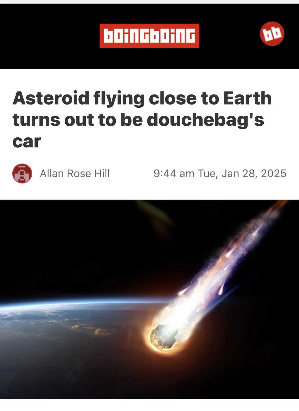 An image mimicking a news article from 'boingboing' with a headline reading 'Asteroid flying close to Earth turns out to be…
