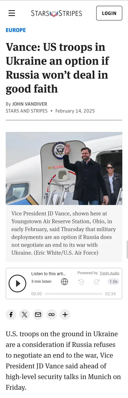 A screenshot of a Stars and Stripes news article from February 14, 2025, featuring a photo of Vice President JD Vance waving…