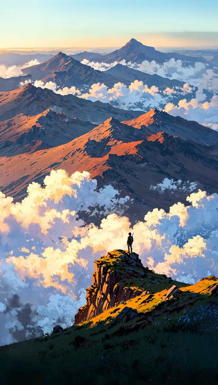 A lone hiker stands atop a rocky mountain peak overlooking a vast, layered mountain range bathed in golden sunset light…