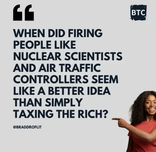 A woman in a red shirt smiles and points to the left at large bold text that reads 'WHEN DID FIRING PEOPLE LIKE NUCLEAR…